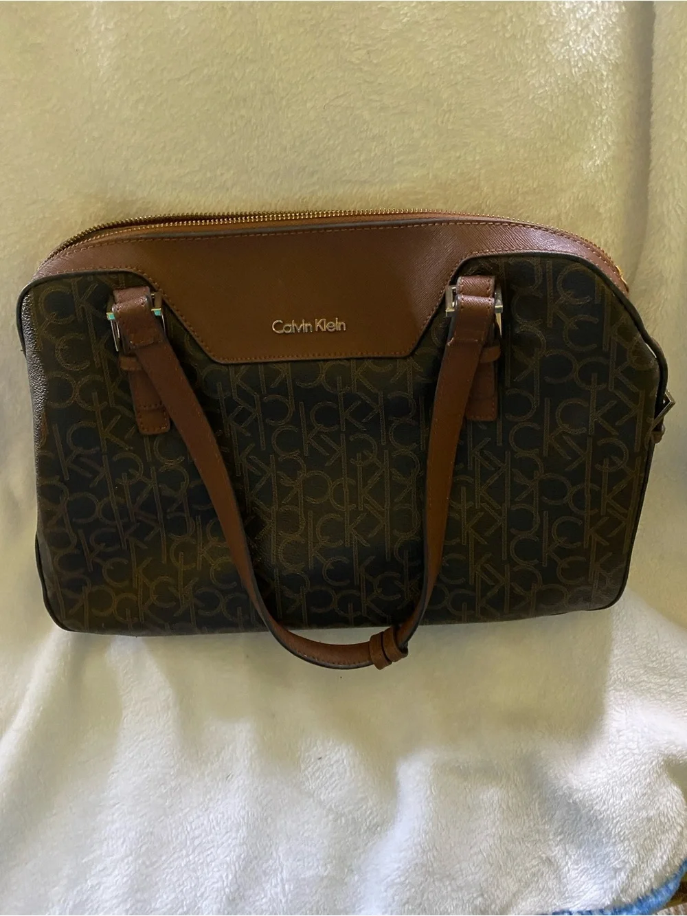 Calvin Klein Dark Brown CK Monogram Laptop Tote with Tan Trim